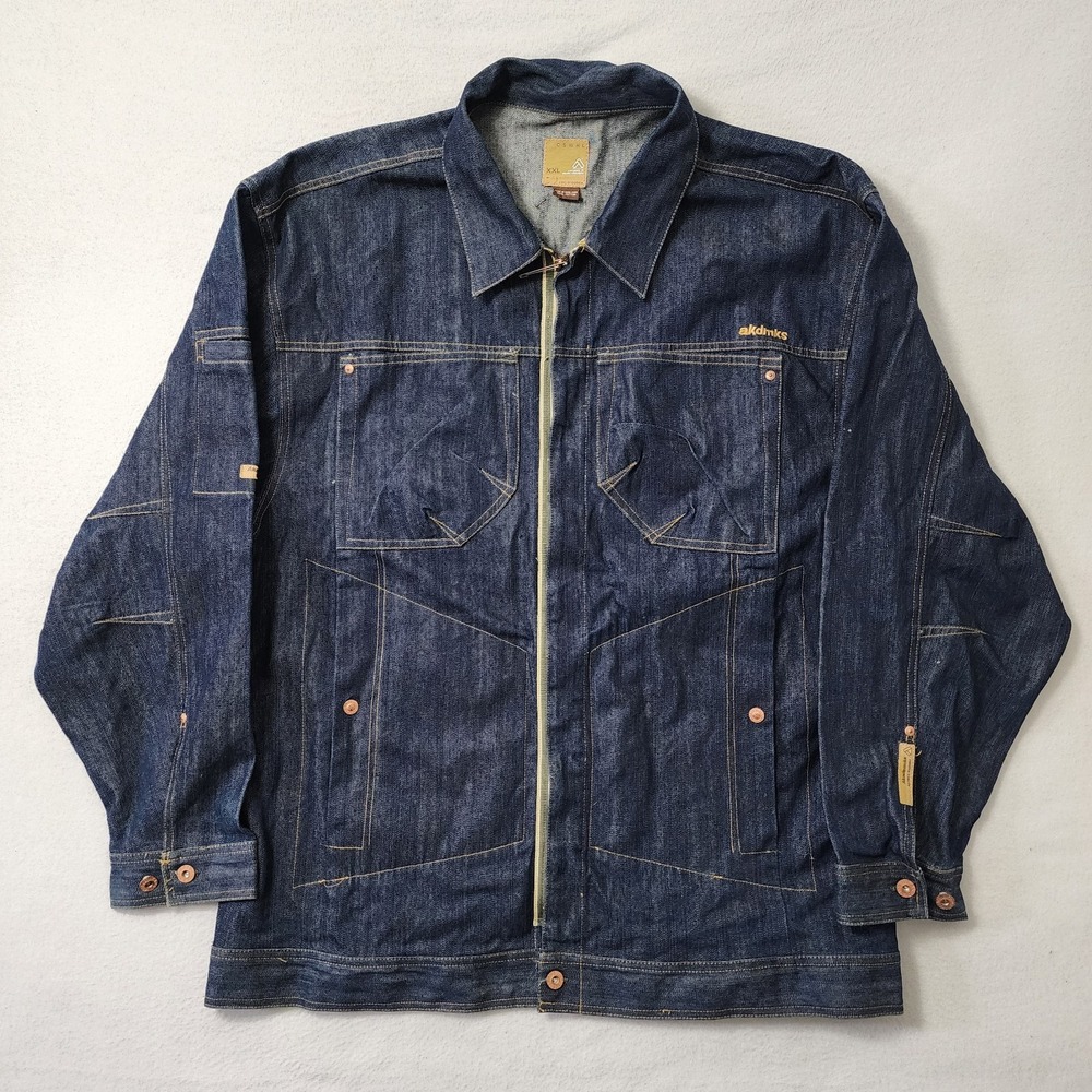 Vintage Y2k Akademiks Denim Jacket Mens 2XL Blue Hip Hop Military Style 90s